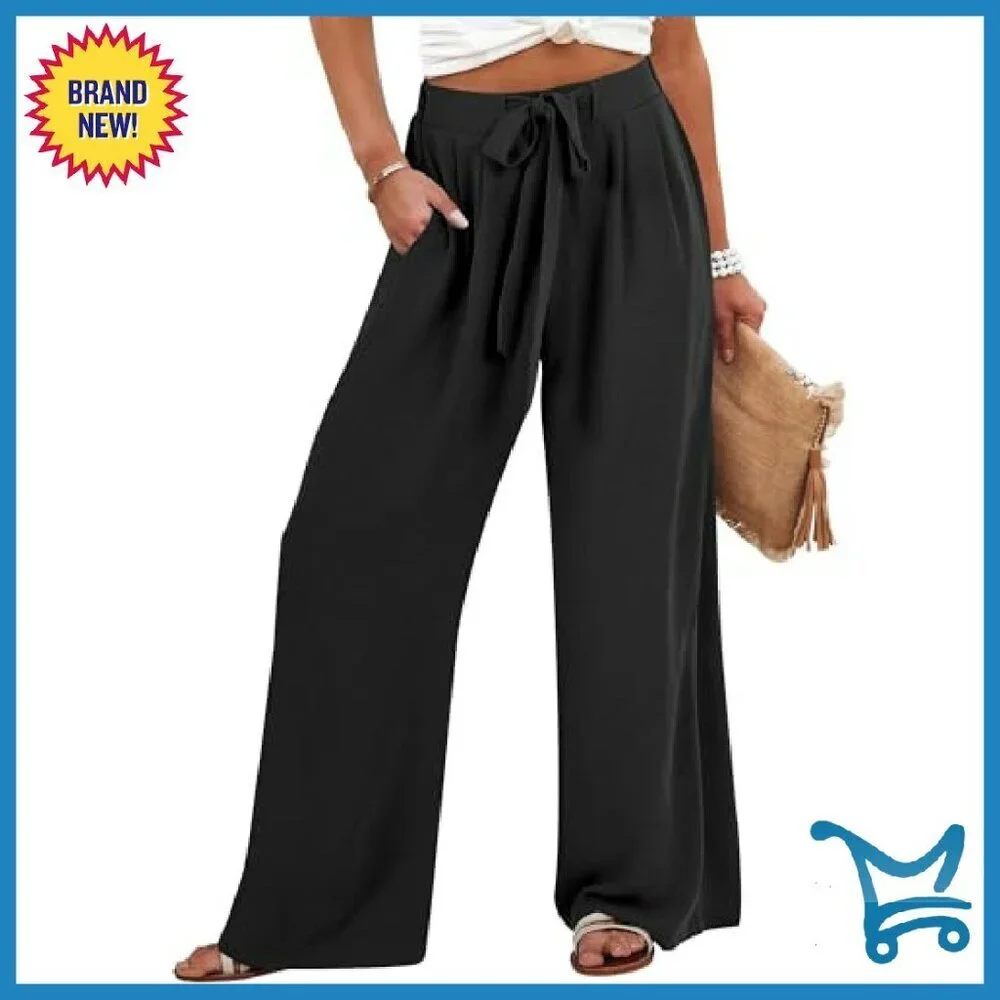 Wide Leg Palazzo Pants High Waist Flowy Linen Casual Lounge Trousers